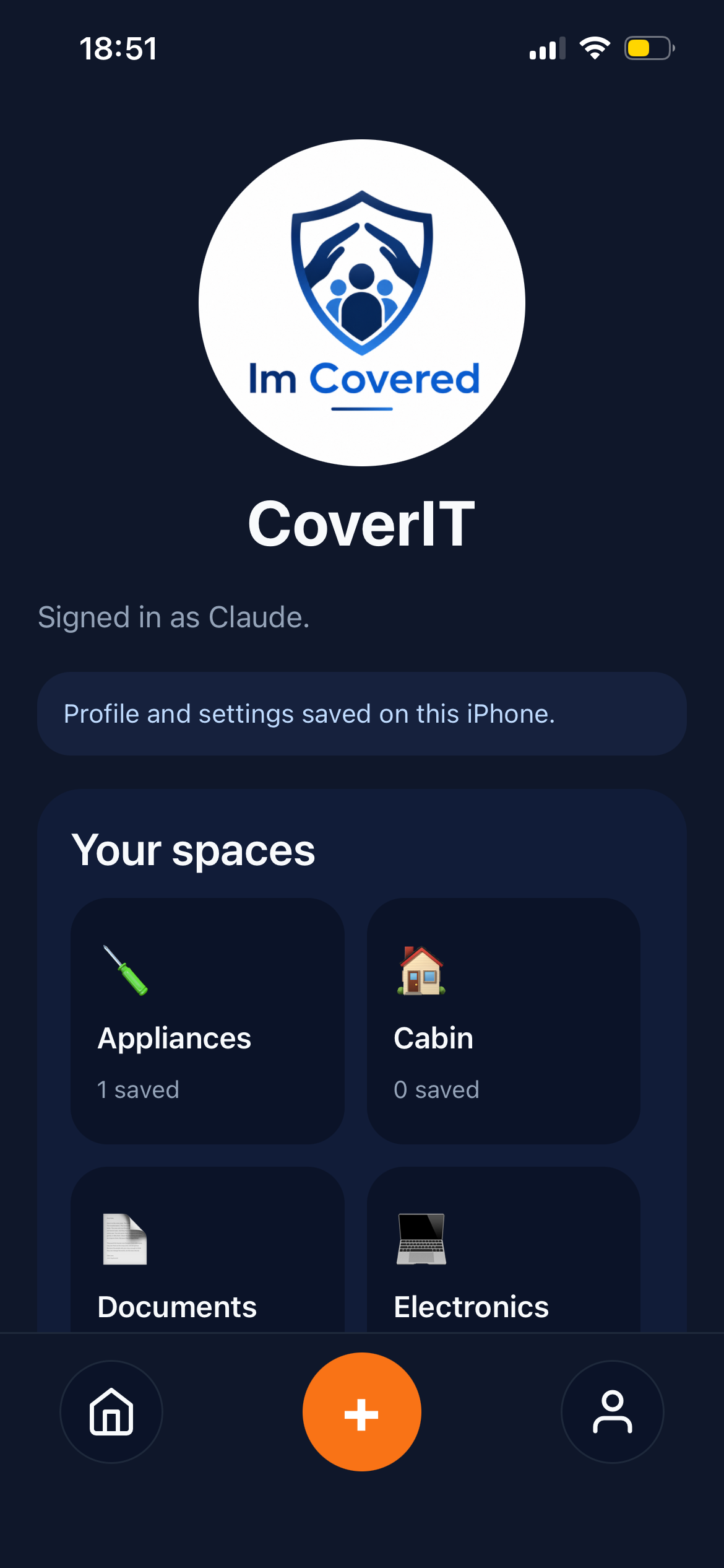CoveriT-appens startside med brukerens lagrede områder